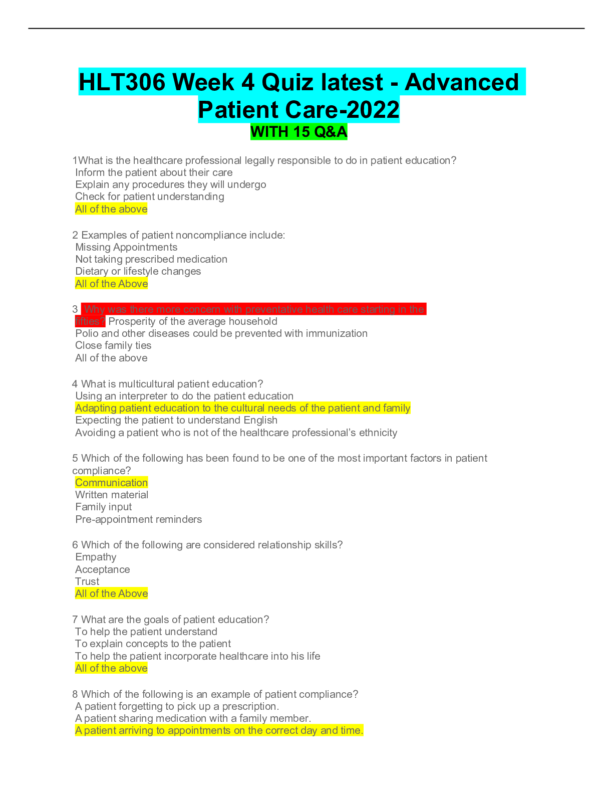Preview of HLT306 Week 4 Quiz latest - Advanced Patient Care-2022
